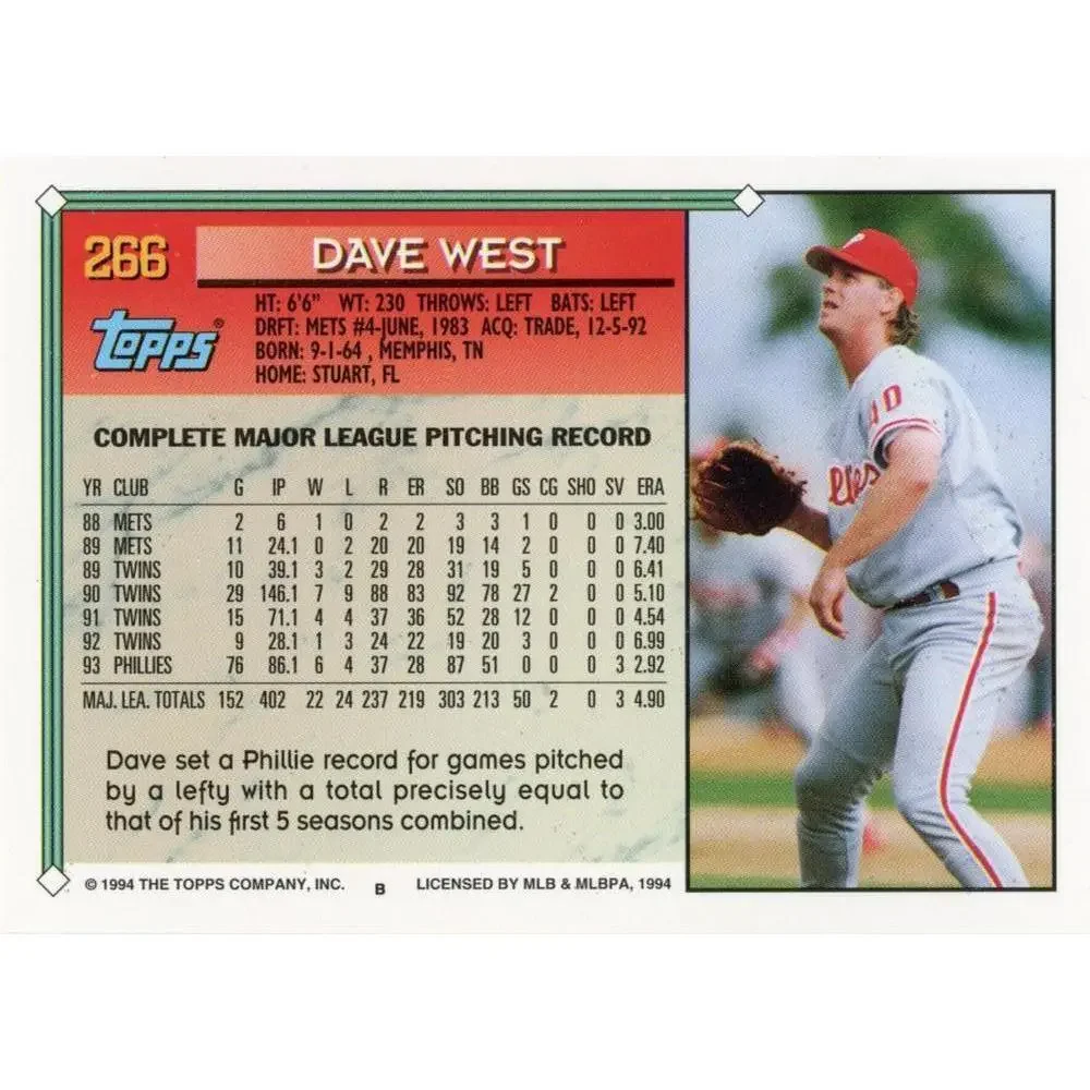 1994 Topps Dave West # 266 Philadelphia Phillies